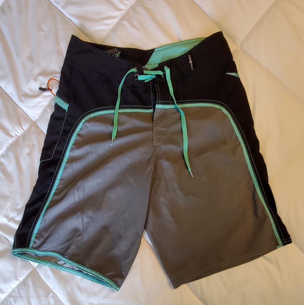 Volcom Men's Teal Black Graphic Board Shorts 32